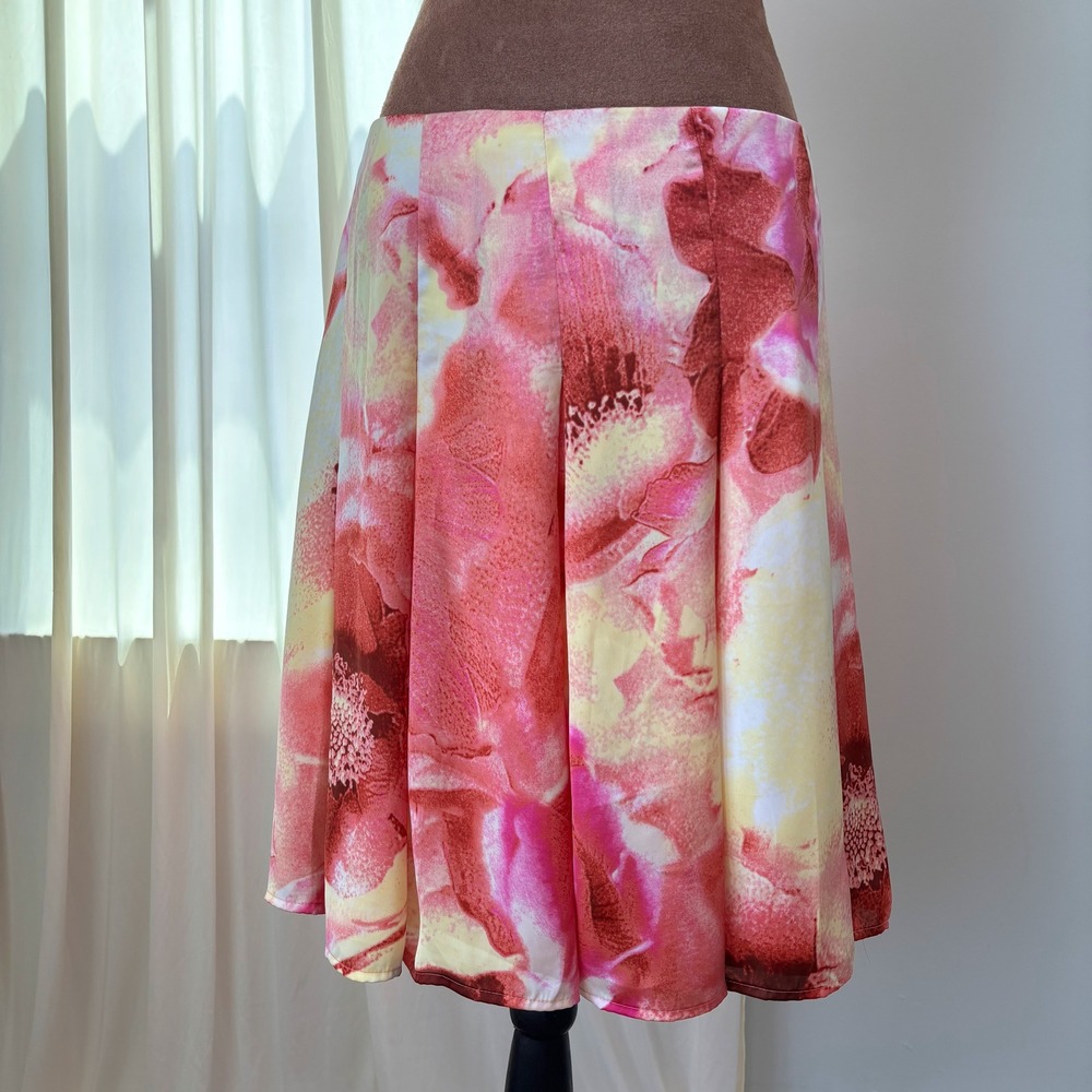 Y2K Vintage New York Co Midi Skirt Size 16 Pink Floral Pleated Tropical Fairy